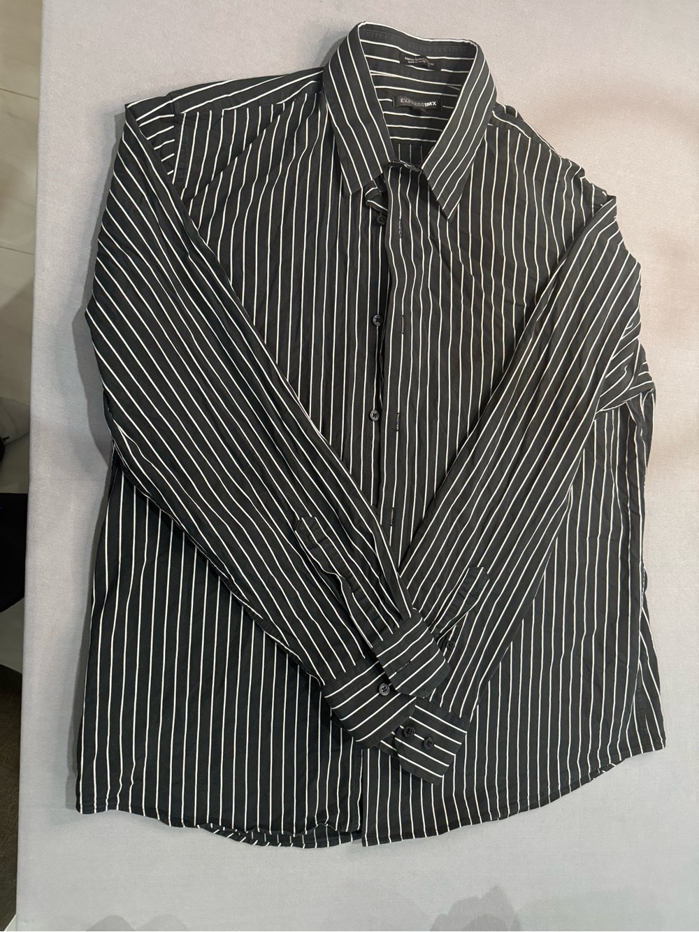 Express 1MX XL Black/White Striped Stretch Cotton Blend Dress Shirt Long Sleeve